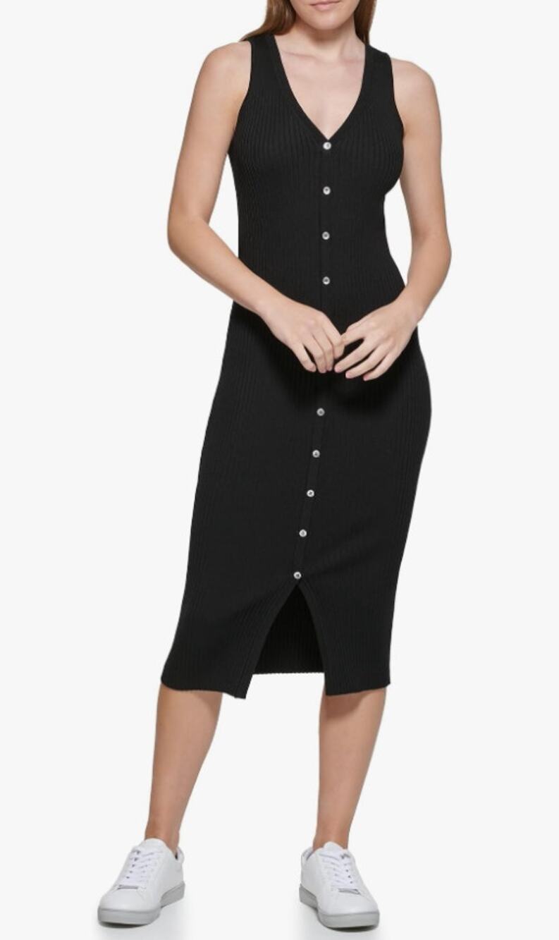 Calvin Klein Black Ribbed Midi Dress Medium Sleeveless V-Neck Bodycon